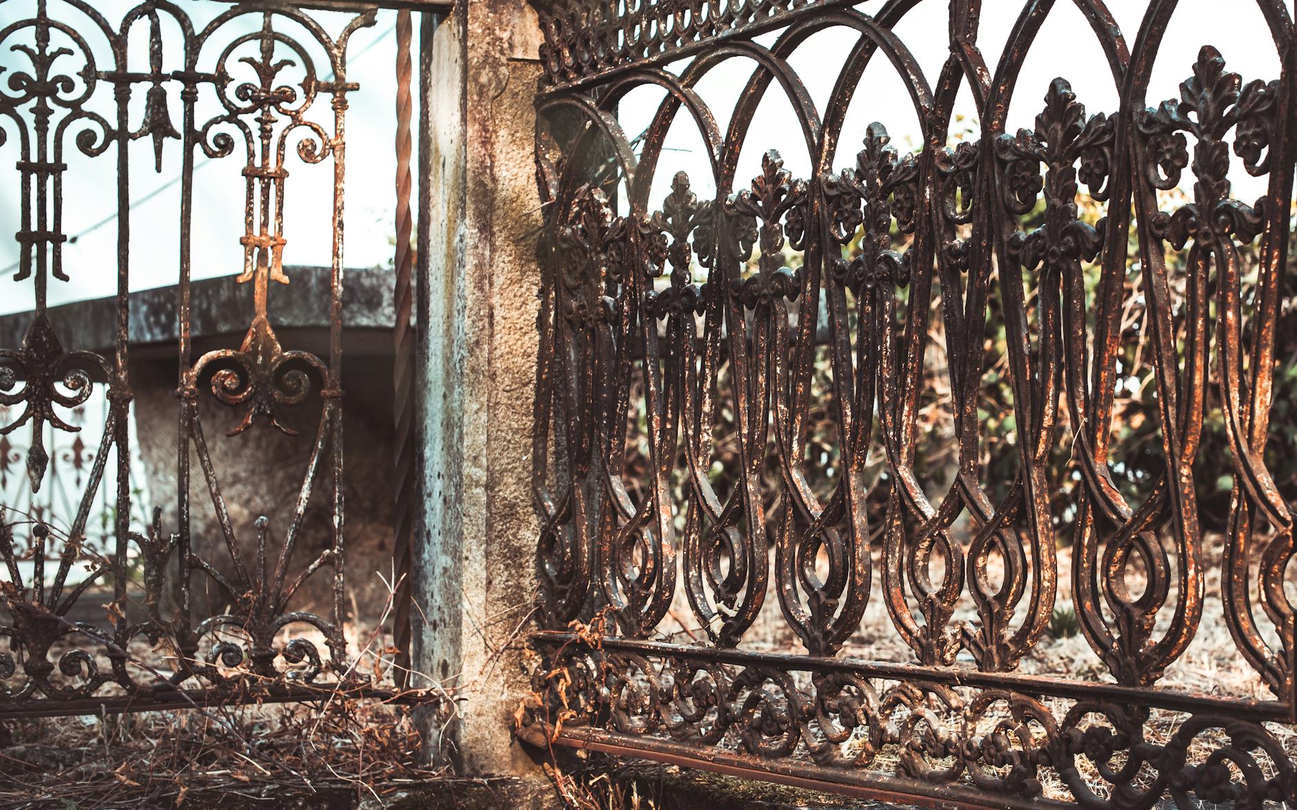 Zardzewiałe żeliwne ogrodzenie z ozdobnymi, secesyjnymi detalami