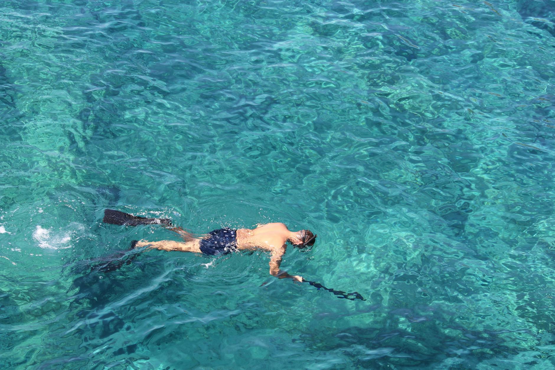Mężczyzna snorkelinguje w turkusowej wodzie w Sharm El Sheikh